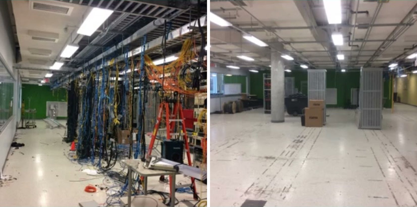 A lab section before and after the clear-out, side by side