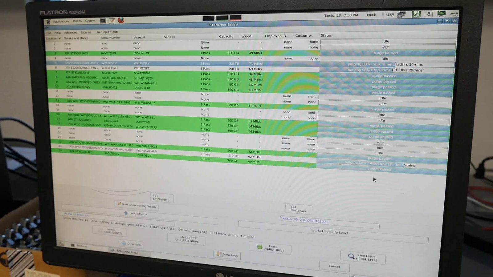 Wiping software on a monitor listing each drive by model and serial number